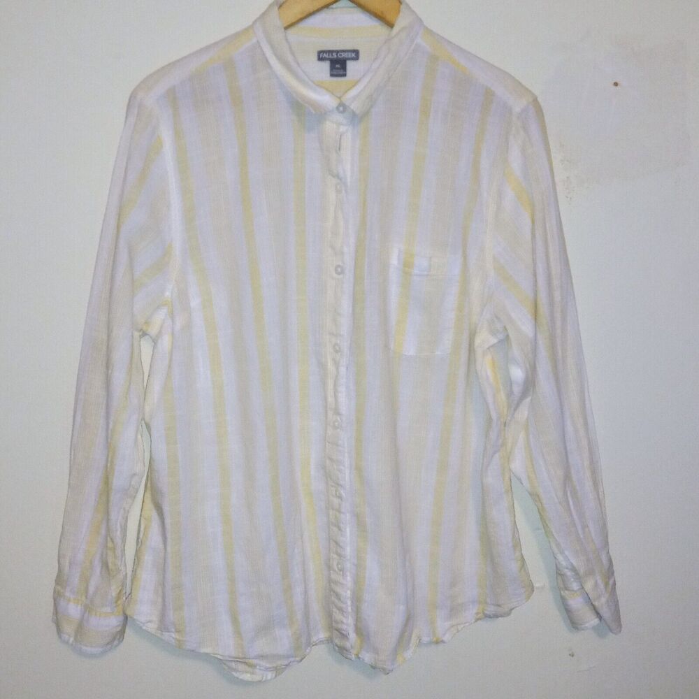 Falls Creek Button Up Shirt-Size XL-Yellow Vertical Stripe-Pocket-Crinkled
